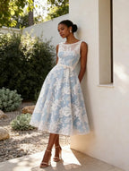 Light Blue Jacquard Floral Classic Boat Neck Sleeveless A-Line Midi Dress