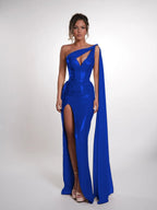 Cocoslly One Shoulder Sleeveless High Waist Long Prom Dress With Deep Split | Nude Sequins JZ0150