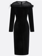 Black Feather-trimmed Mesh Velvet Crew Neck Long Sleeve Sheath Midi Dress