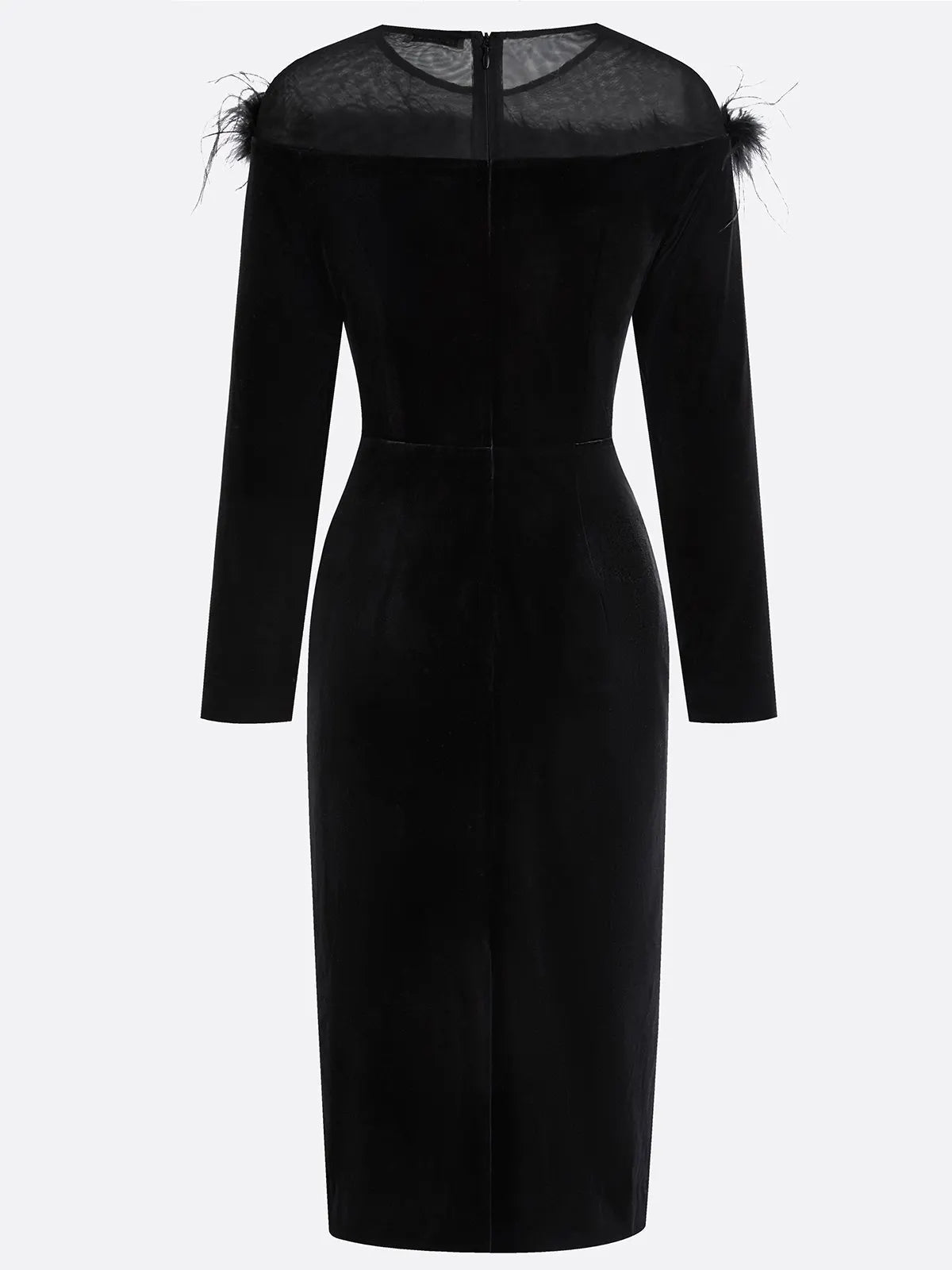 Black Feather-trimmed Mesh Velvet Crew Neck Long Sleeve Sheath Midi Dress
