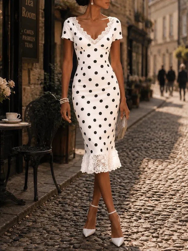 White Polka Dots Lace Classic V Neck Short Sleeve Sheath Midi Dress