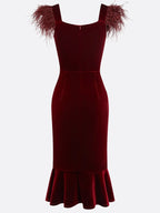 Wine Red Feather Velvet Square Neck Sleeveless Mermaid Midi Dress