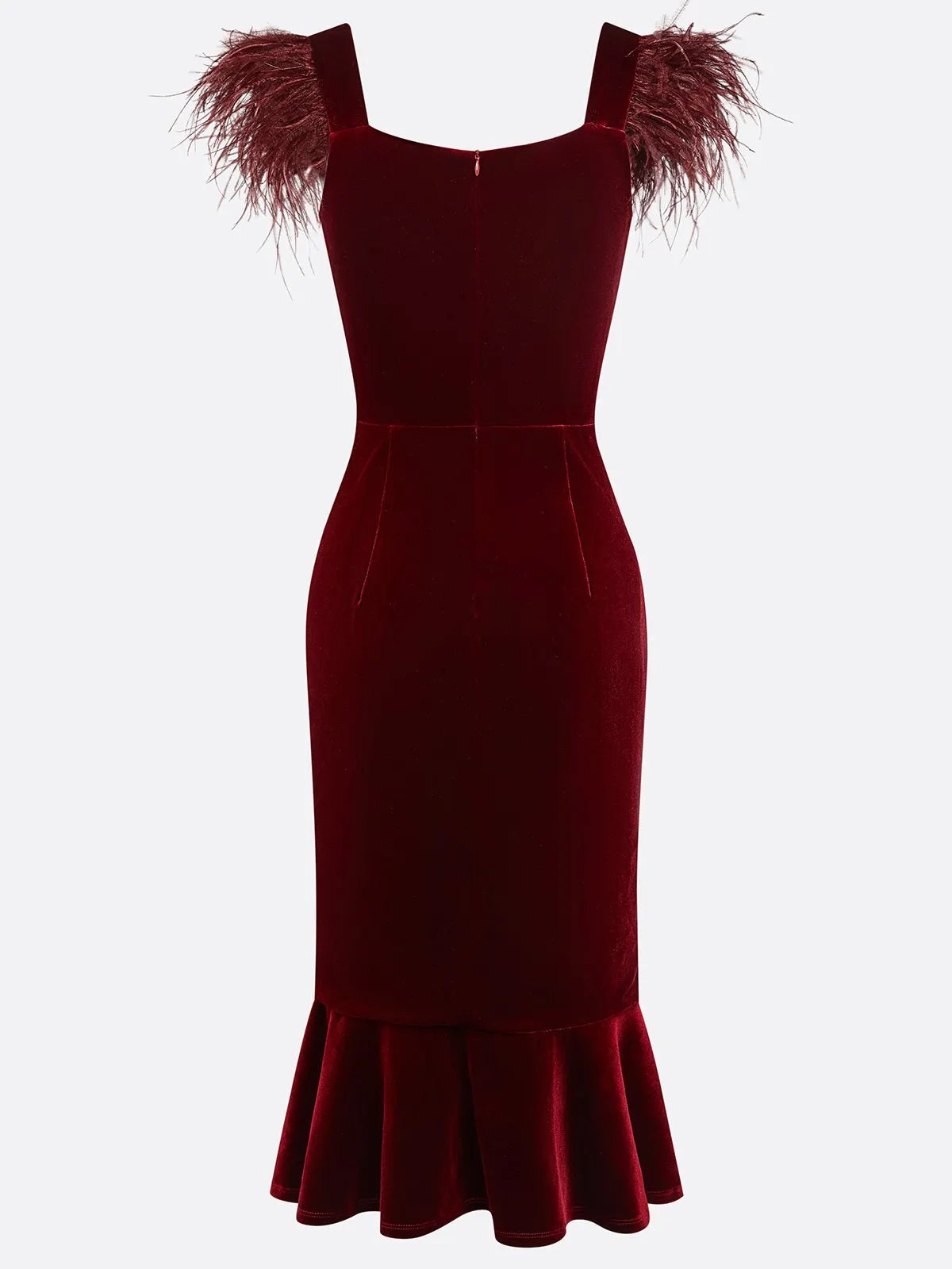 Wine Red Feather Velvet Square Neck Sleeveless Mermaid Midi Dress