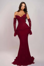 Cocoslly Strapless Sleeveless Long Mermaid Prom Dress With Embroidered And Gloves | Pink Satin And Lace ZA0398
