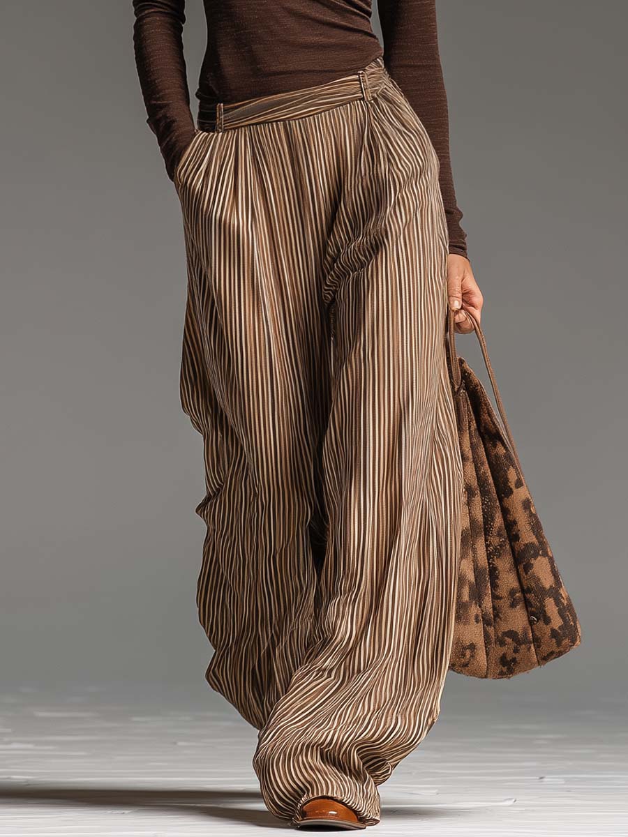 Retro Boho Brown Surplice V-Neck Long-Sleeve Top And Striped Pleated Wide-Leg Cotton-Linen Pants Set