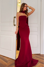 Cocoslly Strapless Sleeveless High Waisted Long Mermaid Prom Dress With Scarf | Burgundy Satin CO0015