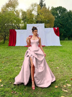 Satin Halter Neck Strapless Sleeveless Long A-Line Prom Dress With Pleated And Split YK0728