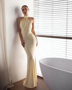 Cocoslly Halter Sleeveless High Waist Backless Long Mermaid Prom Dress | Pink Satin WT0121