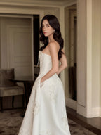 Cocoslly Strapless Sleeveless High Waist Long A Line Prom Dress With Appliques | White Satin WT0122