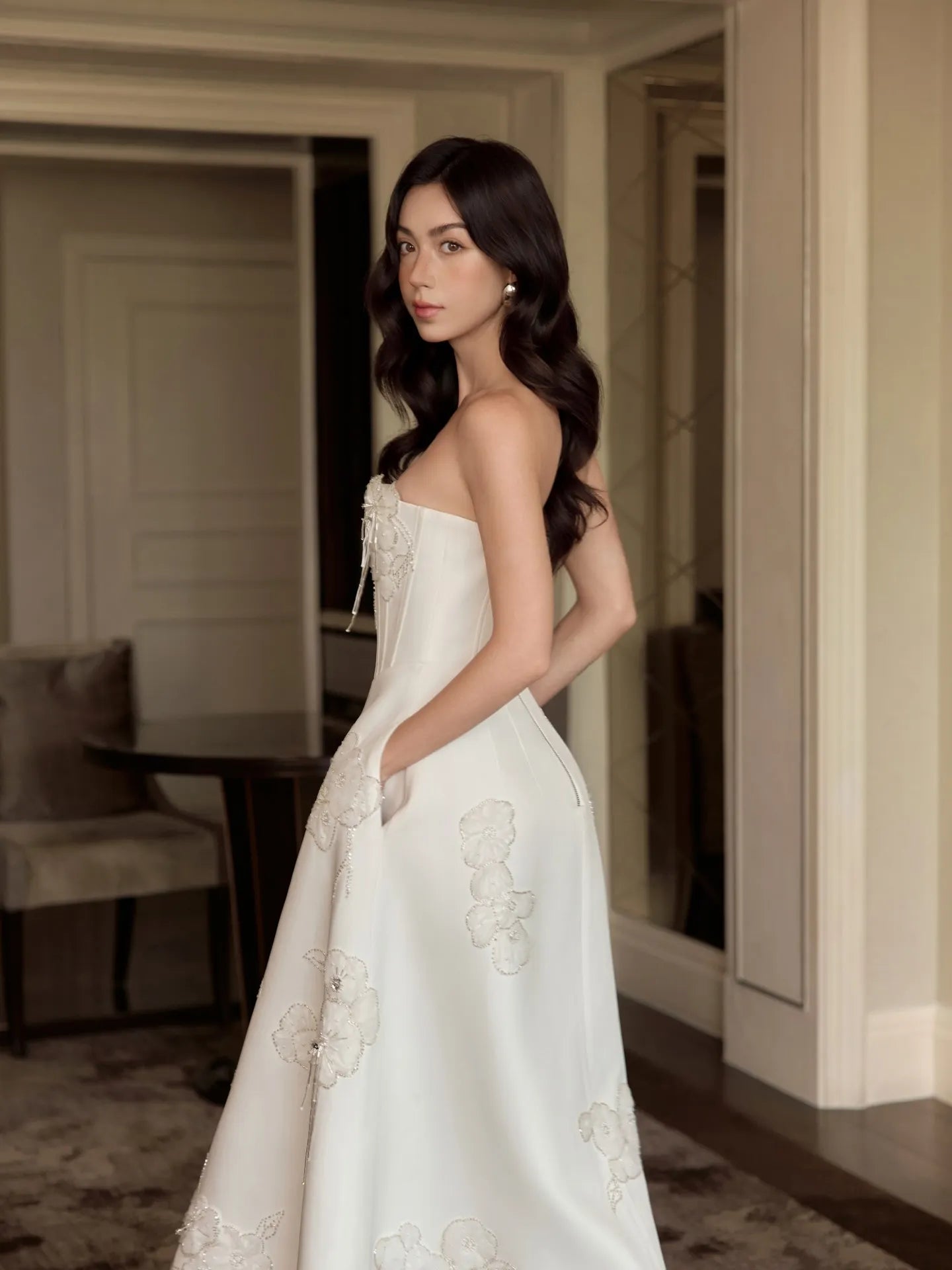 Cocoslly Strapless Sleeveless High Waist Long A Line Prom Dress With Appliques | White Satin WT0122