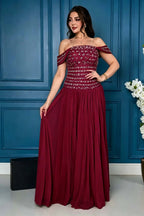 Cocoslly Off-The-Shoulder Sleeveless High Waist Long Prom Dress With Rhinstone | Champage Chiffon LR0566