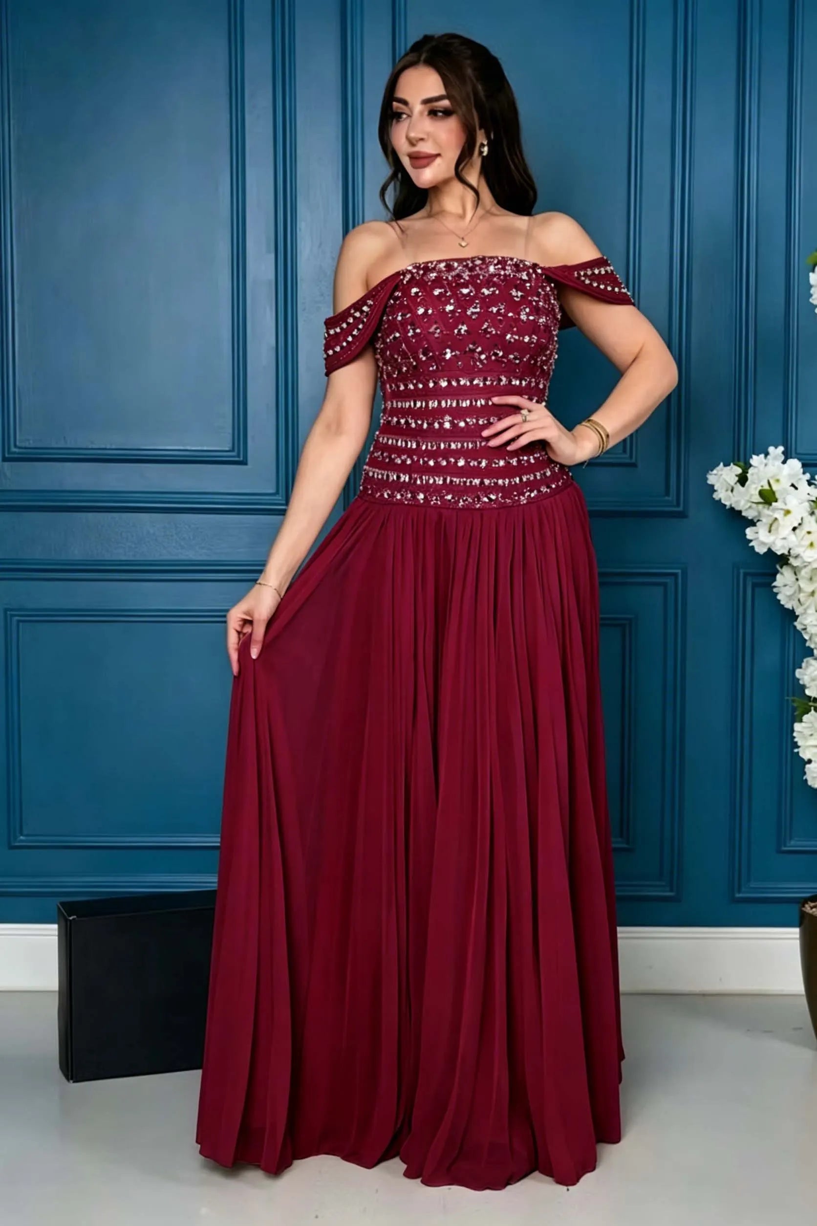 Cocoslly Off-The-Shoulder Sleeveless High Waist Long Prom Dress With Rhinstone | Champage Chiffon LR0566