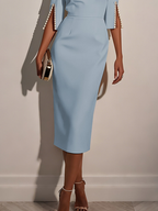 Light Blue Faux Pearl Classic Crew Neck Half Sleeve Sheath Midi Dress