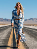 Stylish Western-style Blue Striped Single-breasted Shirt Maxi Dress