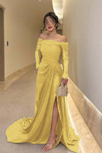 Off the Shoulder Long Sleeves Long Split Prom Dress With Pleated WQ0009