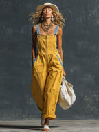 Western Retro Blue And Yellow Denim Vest-style Zip-up Jumpsuit