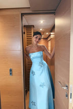 Cocoslly Strapless Sleeveless High Waist Long Prom Dress With Appliques | Mist Blue Satin WQ0251