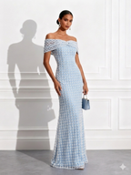Light Blue Beaded Sequin Off The Shoulder Short Sleeve Mermaid Floor-length Gown Dress