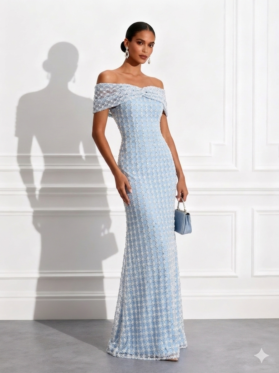 Light Blue Beaded Sequin Off The Shoulder Short Sleeve Mermaid Floor-length Gown Dress