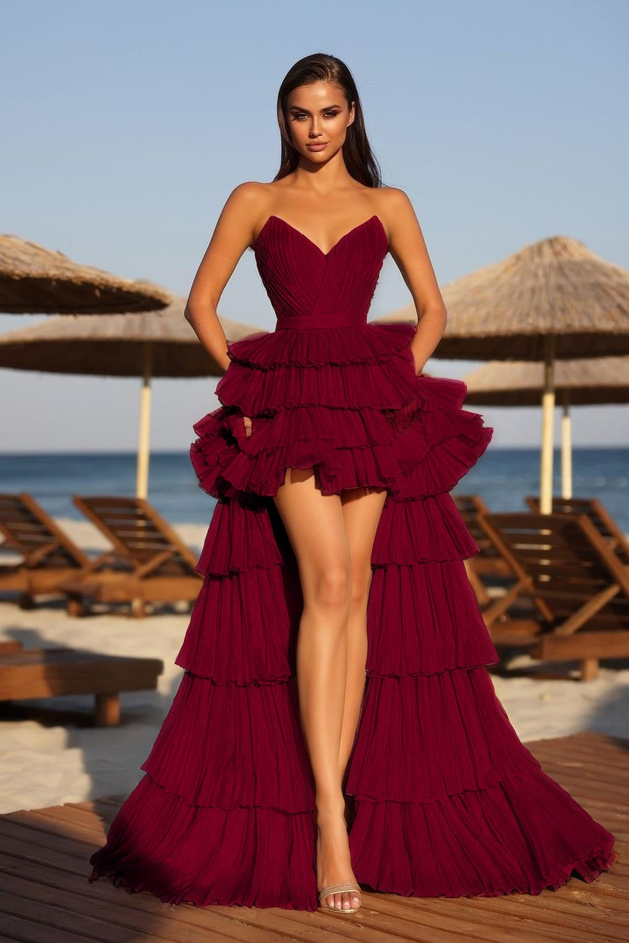 Cocoslly Strapless Sleeveless High Waist Long A Line Prom Dress With Ruffles | Champage Glod Satin YC0487