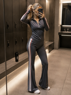 Elegant Retro Sporty Gray Cotton Fabric Lapel Front Zipper Top And Pant Set