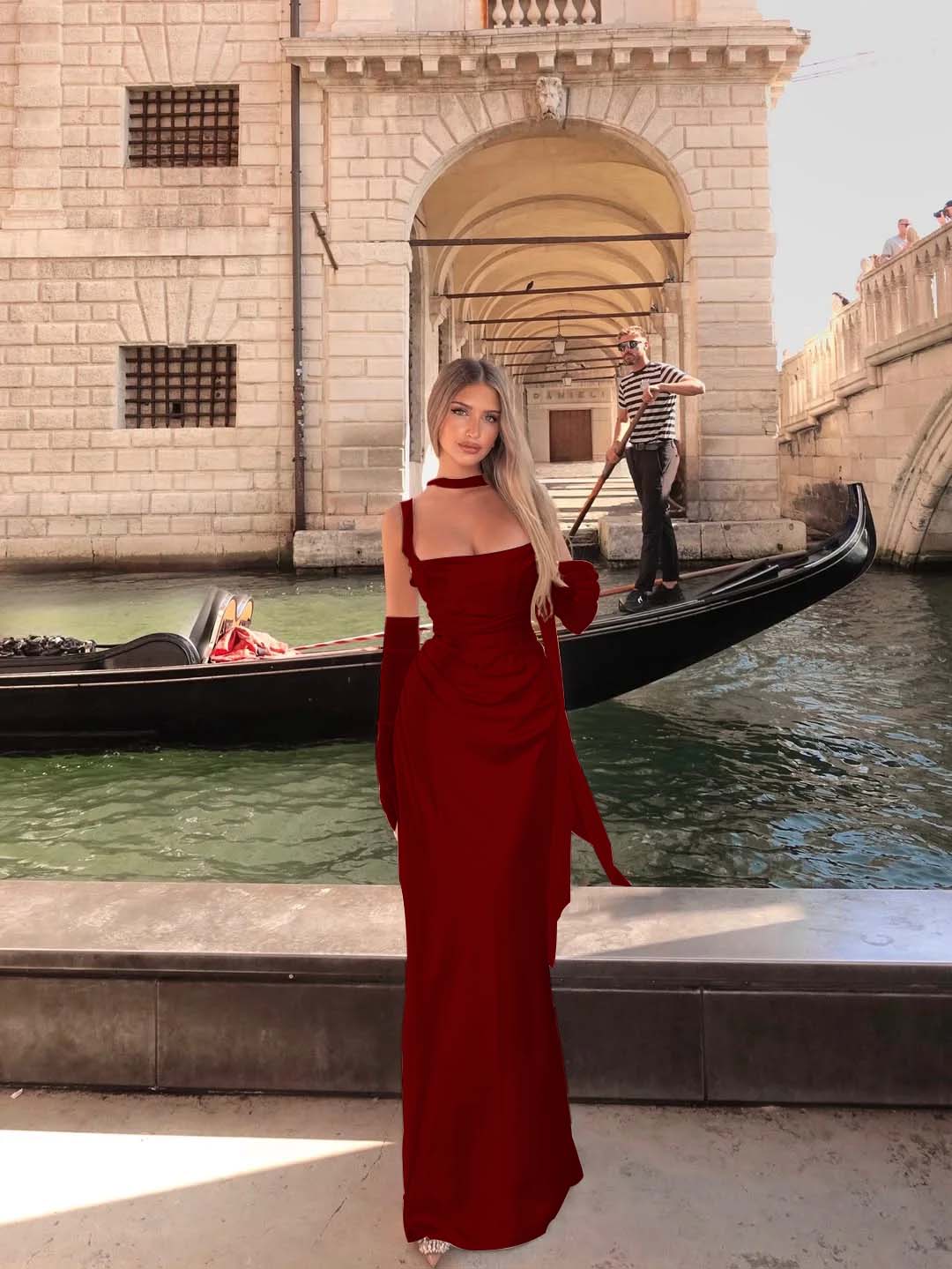Spaghetti Strap Sleeveless Long Mermaid Prom Dress With Gloves YK0575