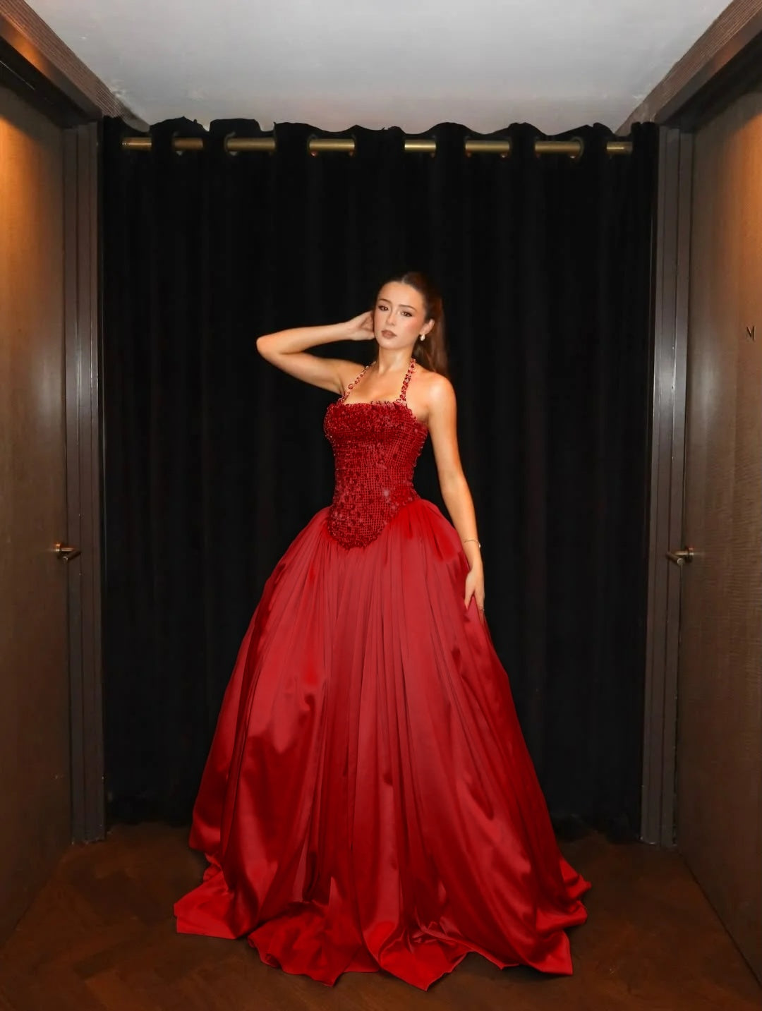 Cocoslly Halter Neck Strapless Sleeveless Long A-Line Prom Dress With Pleated And Sequins Rhinstone | Champage Satin YK0886