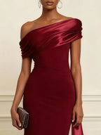 Wine Red Ruffled Classic One Shoulder Mermaid Maxi Dress