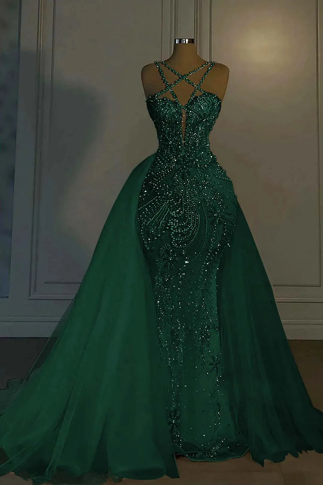 Cocoslly Halter Sleeveless Long Mermaid Prom Dress With Sequins Beadings And Tulle Ruffle | Ivory Tulle YL0335