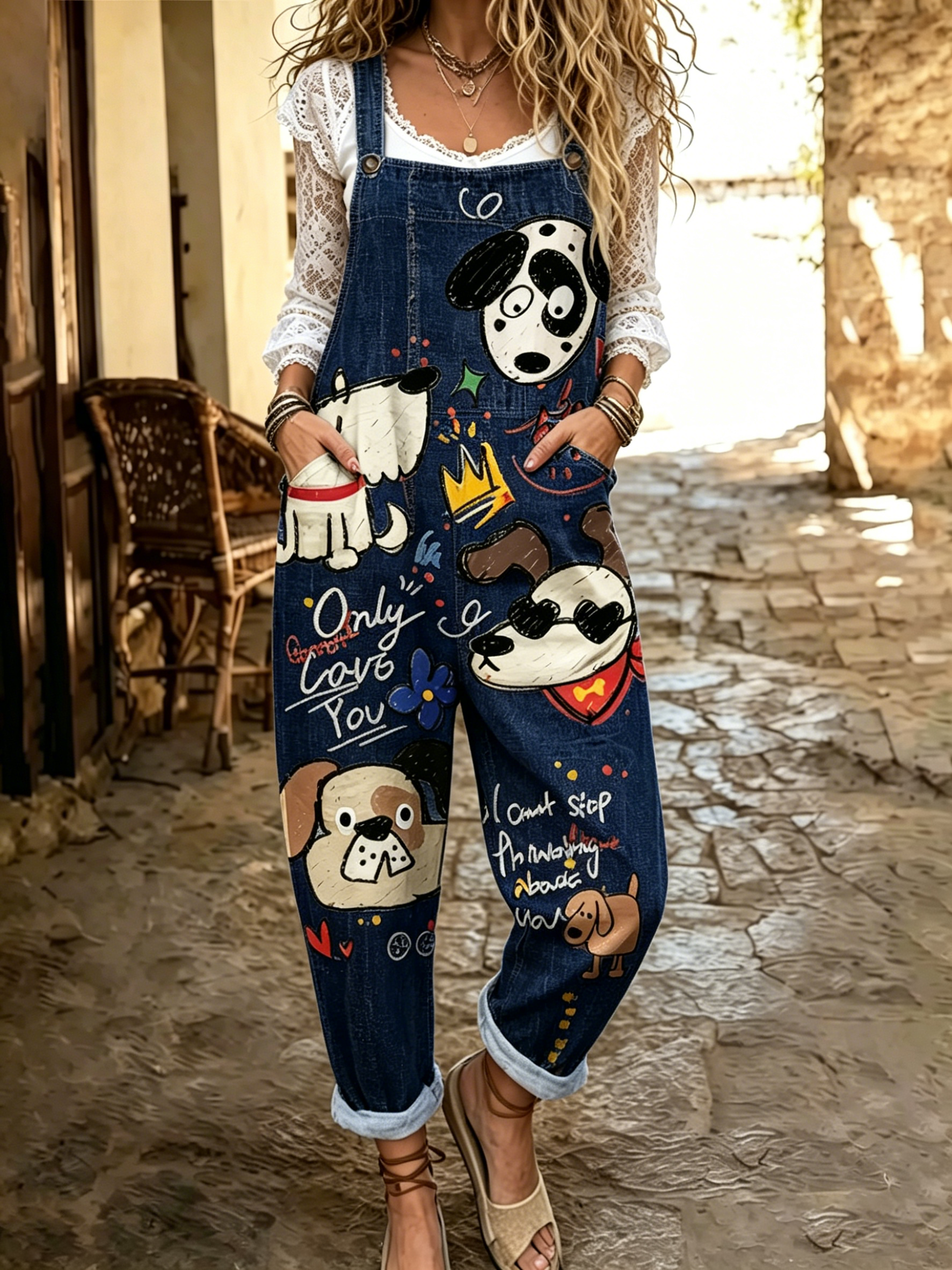 Women's Cute Dog Art Print Flowy Linen Blend Casual Jumpsuit