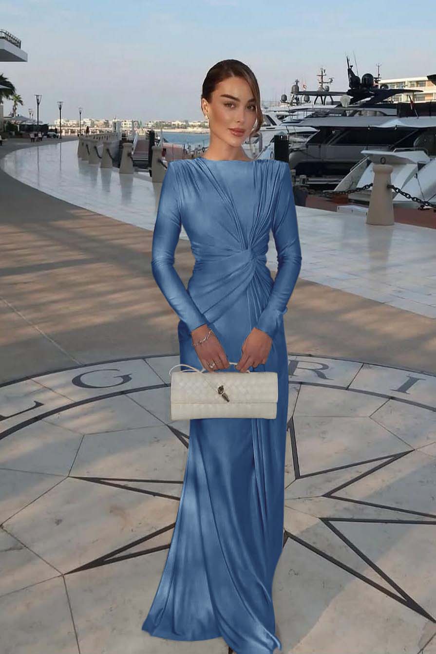Chic Jewel Long Sleeves Mermaid Long Prom Dress With Pleated XJ0364