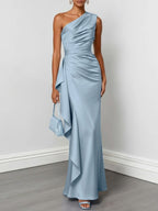 Champagne Ruffled Ruched Satin One Shoulder Sleeveless Sheath Floor-length Gown Dress