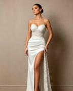 Cocoslly Spaghetti Straps Sleeveless High Waist Long Prom Dress With Split And Beading Pearls | Dark Green Satin LX0098