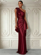 Burgundy 3D Floral Ruched Satin One Shoulder Sleeveless Sheath Floor-length Gown Dress
