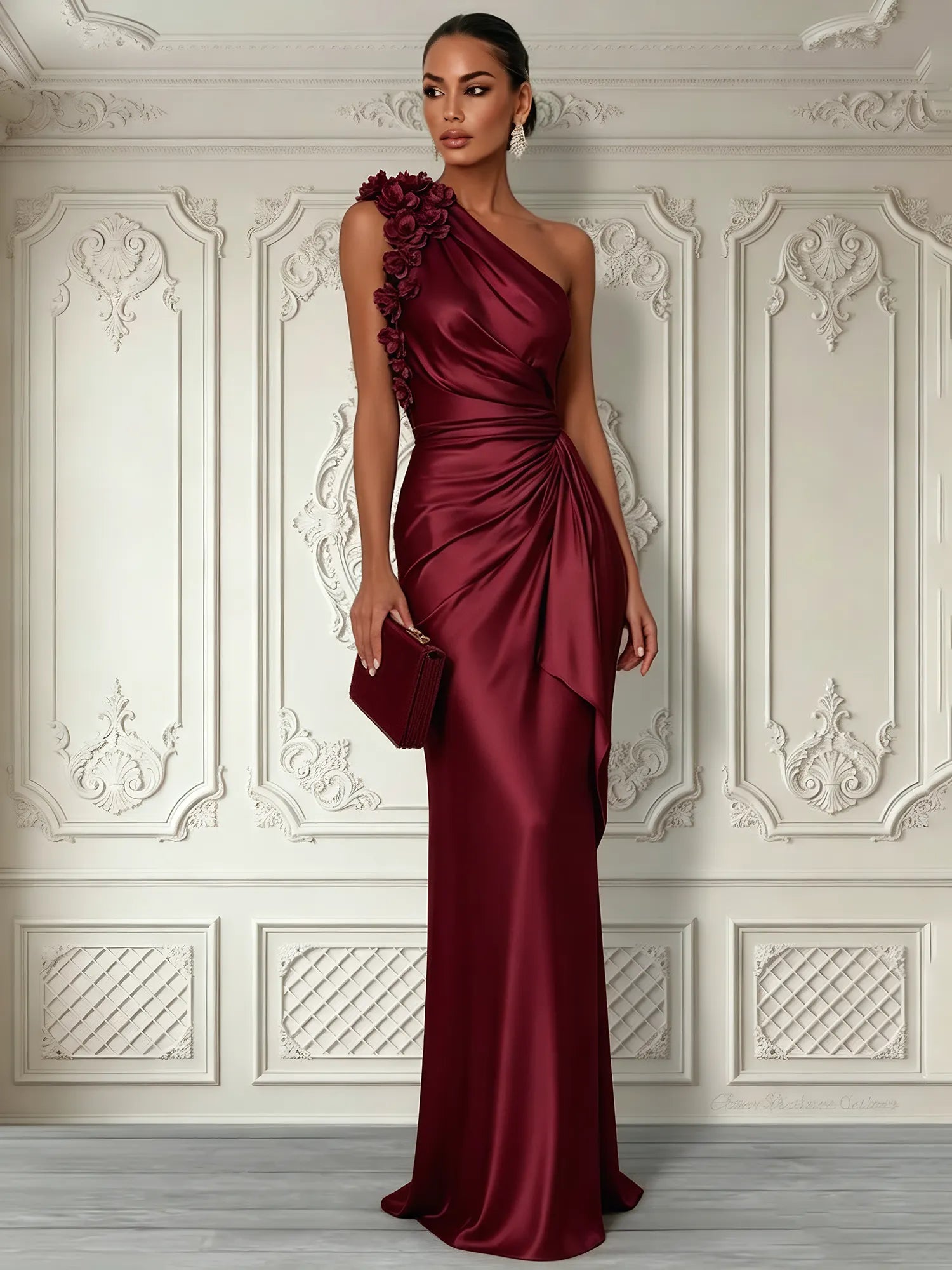 Burgundy 3D Floral Ruched Satin One Shoulder Sleeveless Sheath Floor-length Gown Dress