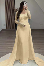 Square Neck Long Sleeves High Waist Long Pleated Mermaid Prom Dress With Beadings And Ruffles YS0057