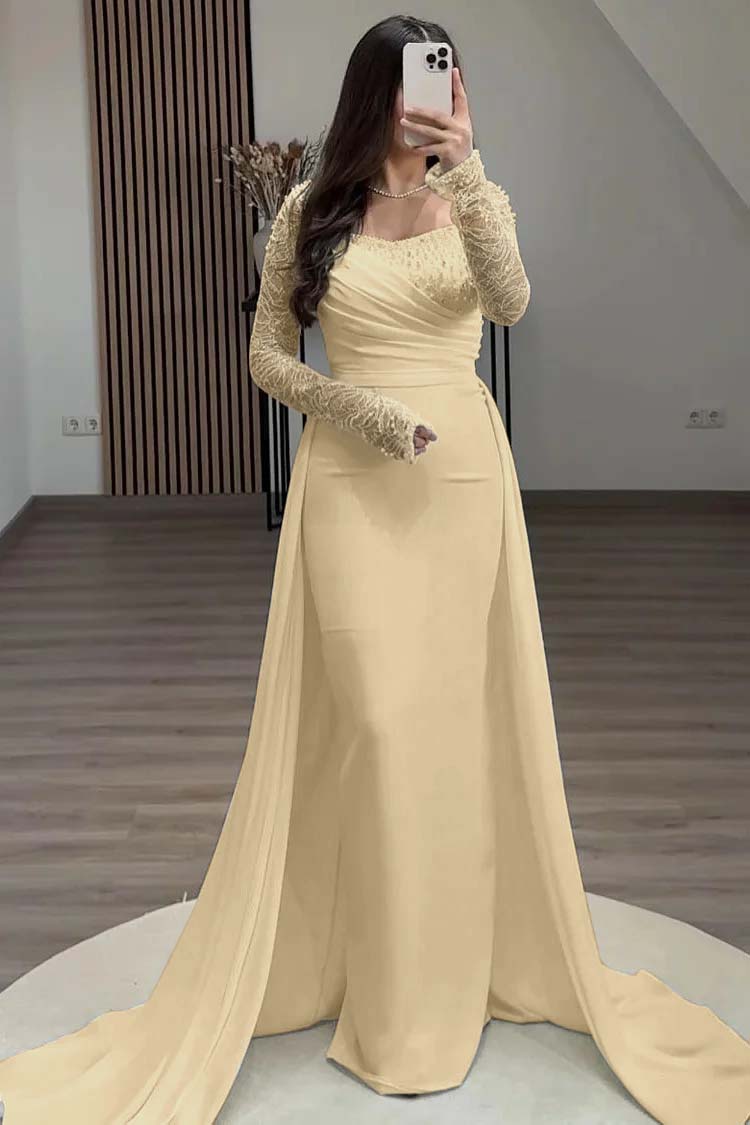 Square Neck Long Sleeves High Waist Long Pleated Mermaid Prom Dress With Beadings And Ruffles YS0057
