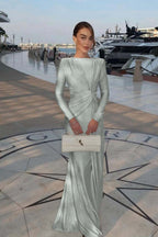 Chic Jewel Long Sleeves Mermaid Long Prom Dress With Pleated XJ0364