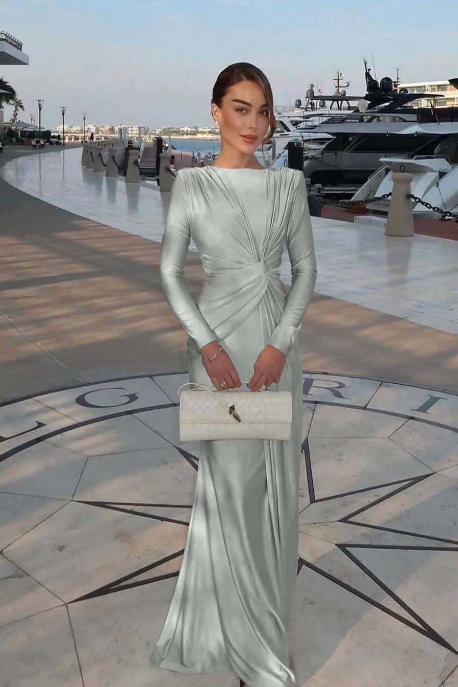 Chic Jewel Long Sleeves Mermaid Long Prom Dress With Pleated XJ0364