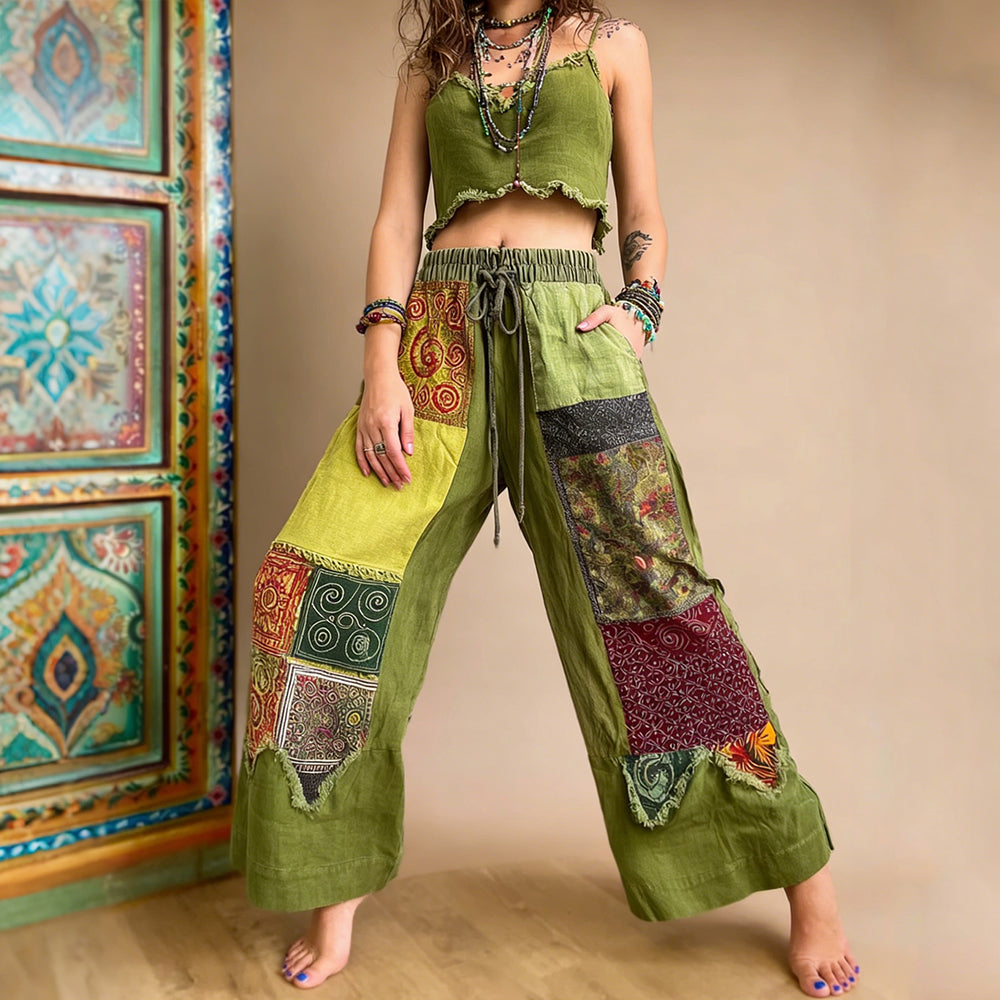 Hippie Bohemian Patchwork Blockprint Linen Trousers