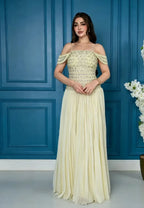Cocoslly Off-The-Shoulder Sleeveless High Waist Long Prom Dress With Rhinstone | Champage Chiffon LR0566