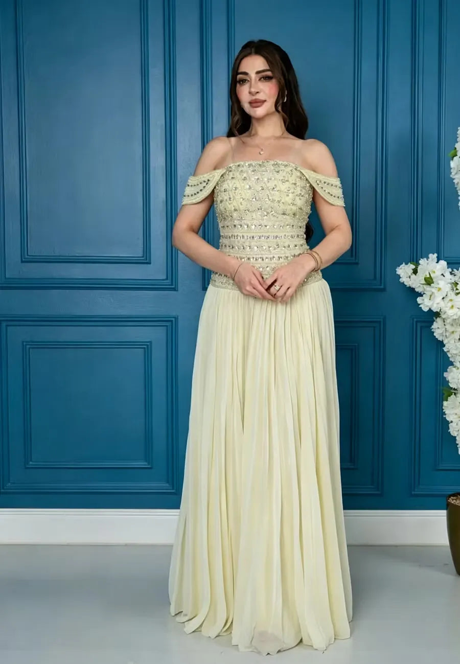 Cocoslly Off-The-Shoulder Sleeveless High Waist Long Prom Dress With Rhinstone | Champage Chiffon LR0566