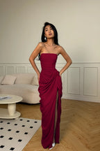 Cocoslly Strapless Sleeveless High Waist Long Prom Dress With Split And Pleated | Ice Blue Satin YC0566