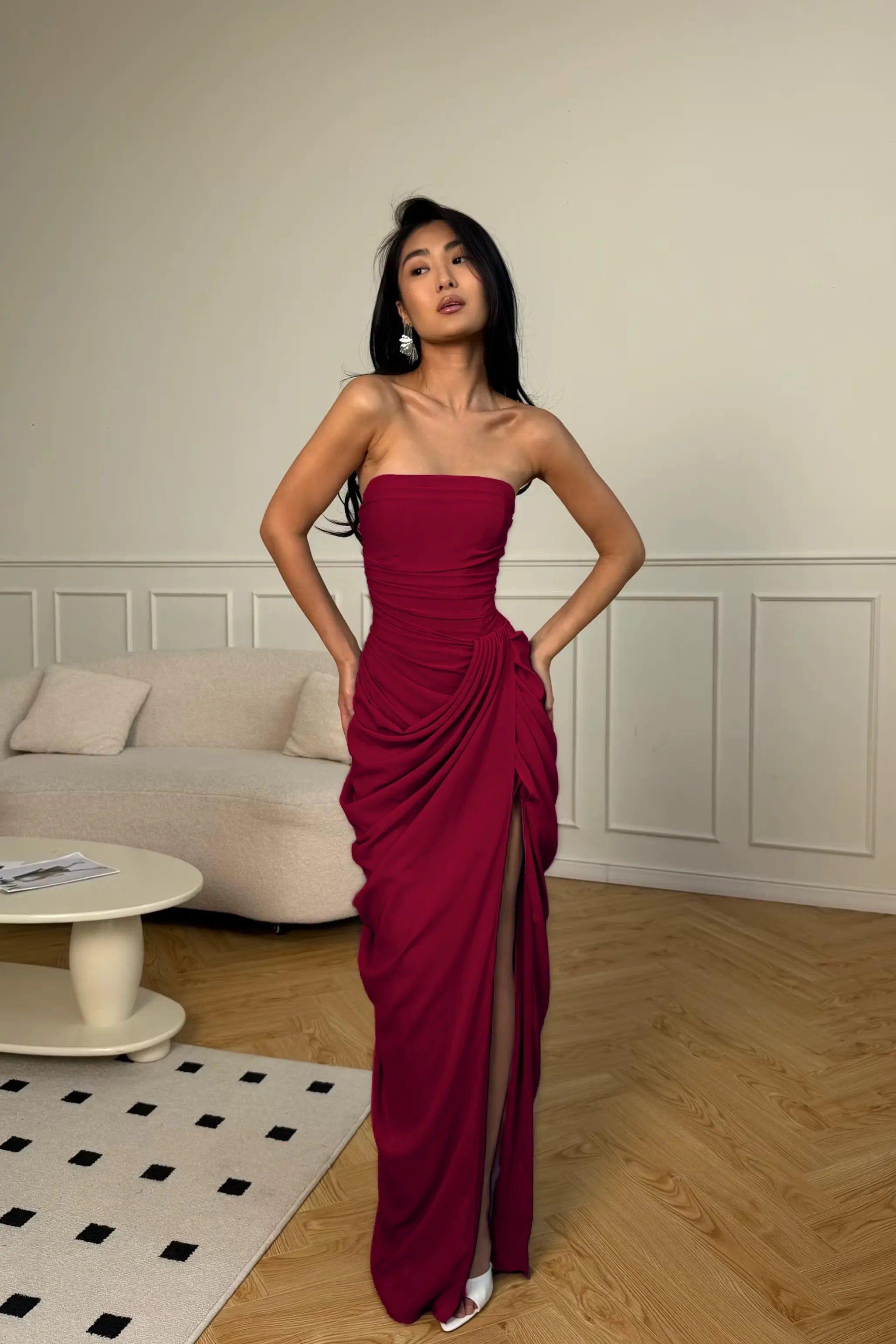 Cocoslly Strapless Sleeveless High Waist Long Prom Dress With Split And Pleated | Ice Blue Satin YC0566
