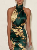 Green Floral Satin Halter Neck Sleeveless Sheath Midi Dress