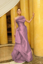 Satin And Tulle Asymmetric Strapless Sleeveless Long Pleated A-Line Prom Dress With Flowers And Ruffles WQ0642