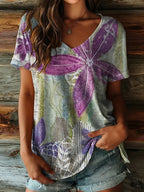 Ethnicity Flowers Patchwork Women's V-neck Print Casual T-shirt