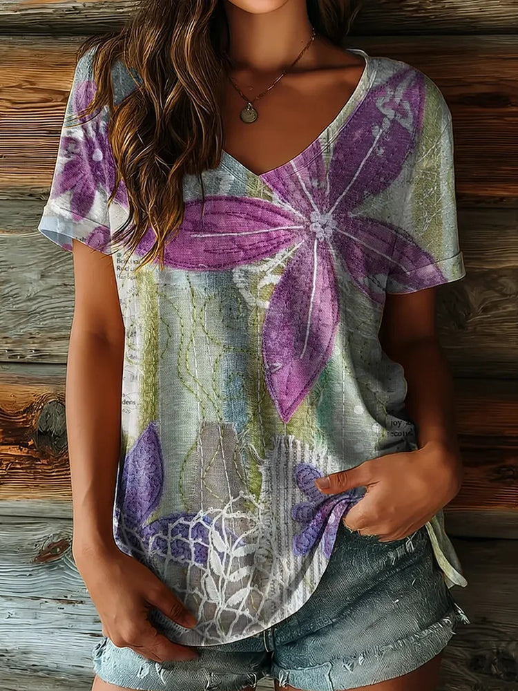 Ethnicity Flowers Patchwork Women's V-neck Print Casual T-shirt