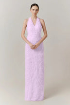 Cocoslly Halter Sleeveless High Waist Long Prom Dress With Tassel | Blushing Pink Feather JZ0095