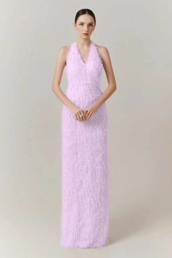 Cocoslly Halter Sleeveless High Waist Long Prom Dress With Tassel | Blushing Pink Feather JZ0095